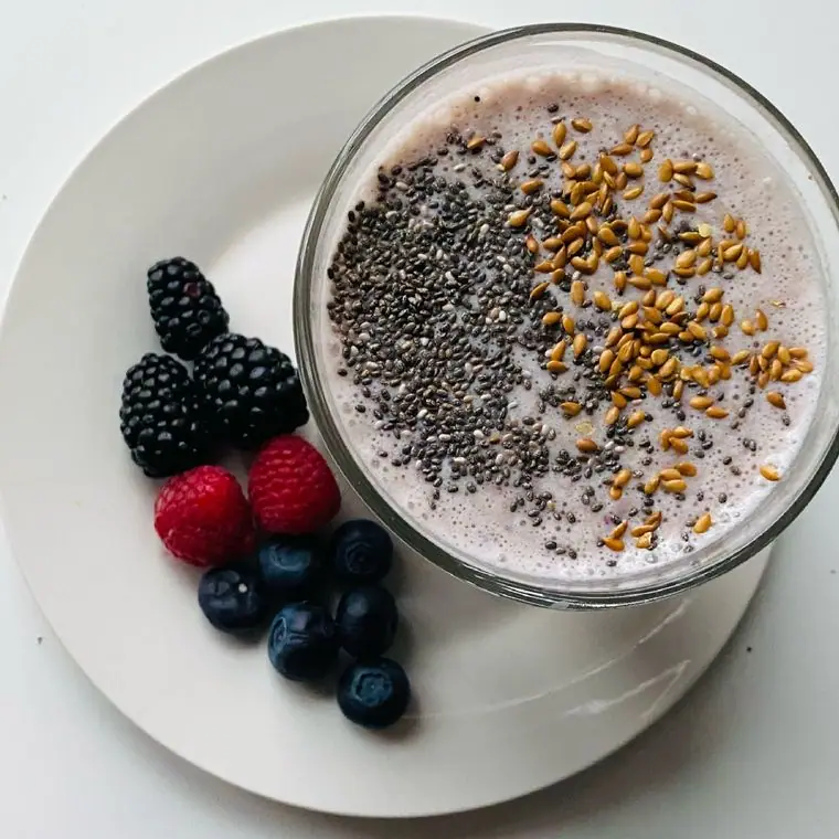 A close-up of a layered smoothie bowl